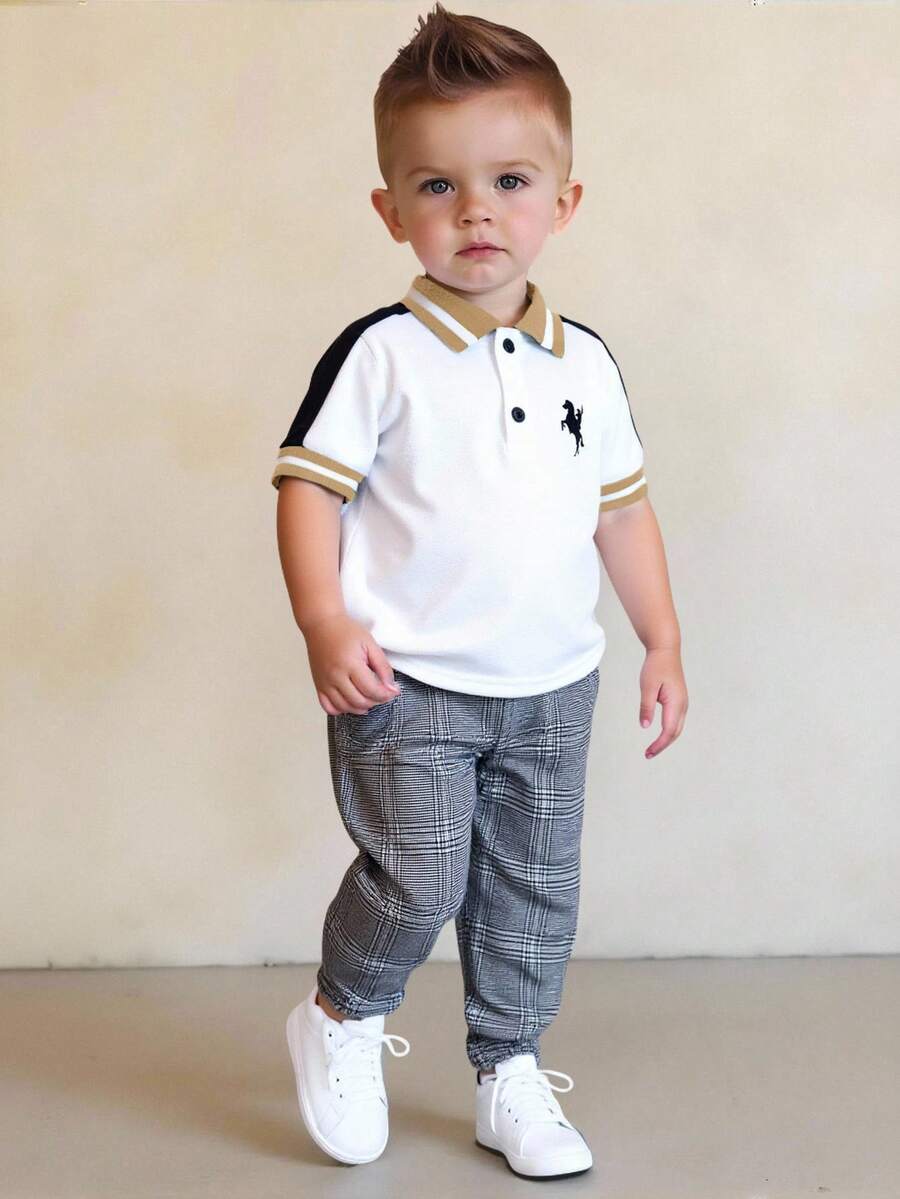 2pcs Baby Boy Short Sleeve Polo Shirt & Elastic Waist Plaid Pants Set,Black And White Plaid,Summer,Casual,Family Matching Preppy School Golf Clothes - Khaki - View 1