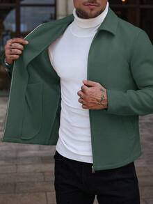 Manfinity CasualCool 男士纯色直肩长袖拉链短款百搭日常外套 - 橄欖綠 - 查看 4