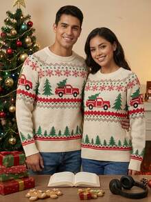 SWAVVY Pulover casual bărbătesc la modă cu model de brad de Crăciun, guler rotund, mânecă raglan, toamnă/iarnă