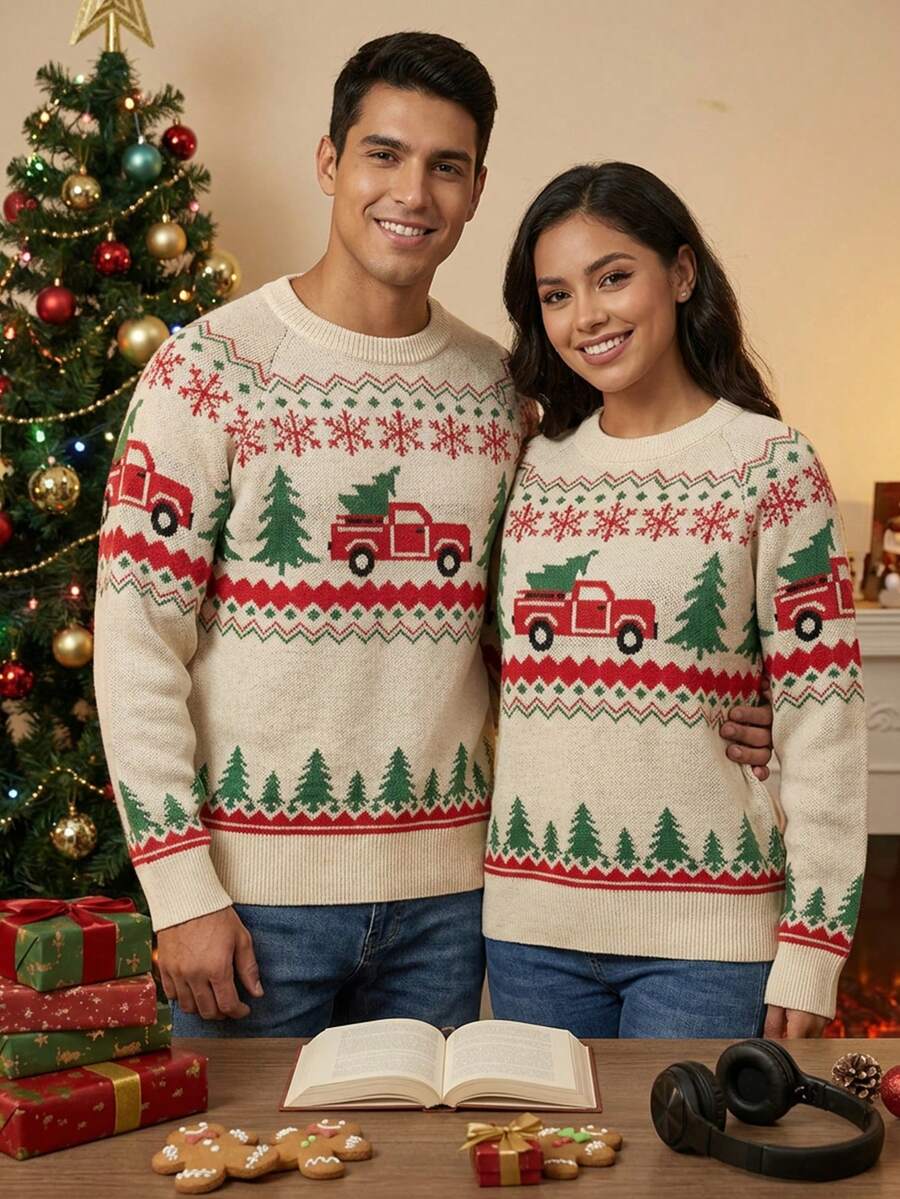 SWAVVY Pulover casual bărbătesc la modă cu model de brad de Crăciun, guler rotund, mânecă raglan, toamnă/iarnă