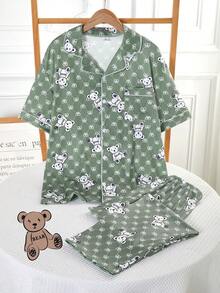 两件套青少年男童POLO领开襟睡衣套装，柔软针织面料，经典泰迪熊卡通图案，是送给孩子的绝佳礼物，适合春、夏、秋、冬四季穿着。 - 綠色 - 查看 9
