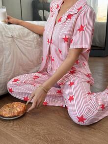 星形条纹休闲翻领开衫女士睡衣套装 - 紅色 - 查看 3