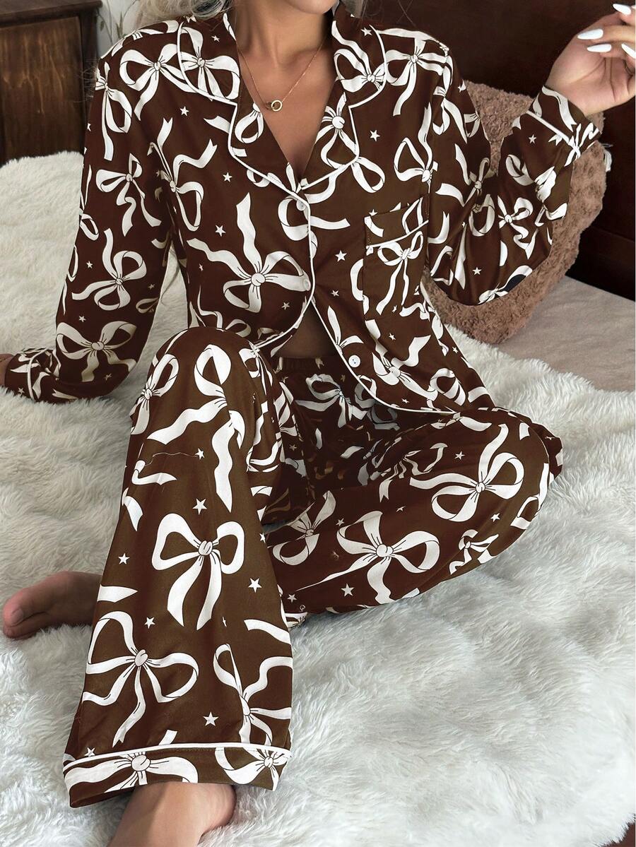Dream Adore 蝴蝶结星形印花翻领长袖睡衣套装 - 棕色 - 查看 1