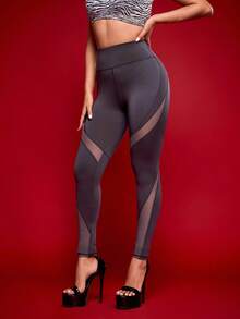 Menodora SHEIN Sport 高腰修身休闲拼接运动紧身裤 - 深灰色 - 查看 3