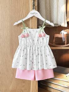 Vintaside Kids 2件組女童時尚數位印花背心，附花朵3D裝飾與鬆緊腰寬鬆短褲，適合休閒、海灘、度假，夏季小女孩兩件套可愛風格女童套裝 - 粉色 - 查看 6