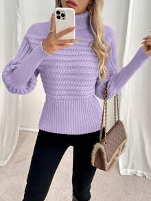 EMERY ROSE Áo len chui đầu cổ lọ dệt kim cáp dáng rộng sang trọng cỡ lớn ôm vừa vặn - Màu tím hoa cà - Xem 5