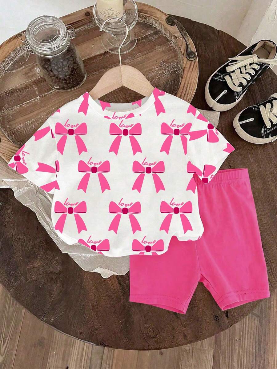 SHEIN 1 Set Baby Girls Casual Fashion Cute Bow Print Round Neck Short Sleeve T-Shirt And Leggings Shorts Set, Knitted Outfit, Spring/Summer, Suitable For Valentine's Day - Multicolor - View 1