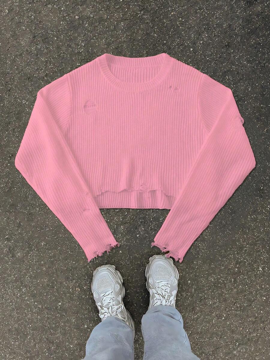 Manfinity EMRG Men's Dusty Pink Rib-Knit Distressed Round Neck Casual Basic Short Sweater With Long Sleeves - Dusty Pink - View 1