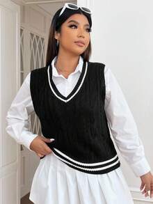 SHEIN EZwear 秋冬加条纹麻花针织毛衣背心（不含衬衫）