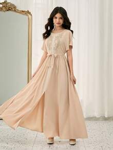 Đầm dự tiệc thanh lịch cổ tròn, đính ren, eo nhún, xẻ tà cho thiếu nữ, màu be, màu mơ, đầm dài, màu sâm panh, đầm màu be, đầm dài cho bé gái, đầm sâm panh cho thiếu nữ, đầm màu be cho bé gái, đầm màu nude, đầm màu be cho thiếu nữ, đầm sinh nhật cho thiếu nữ, quần áo thiếu nữ, đầm mùa hè, đầm maxi, đầm đi nghỉ mát, đầm màu nude cho bé gái - Rượu sâm banh - Xem 3