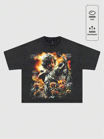 ROMWE MEN 男士 Angel Rose Street 图案圆领黑色短袖T恤