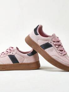 Solezae #Retro Court Women's Round Toe Suede Pink Low-Top Trainers With Black Stripes – Vintage-Inspired Everyday Style With Comfy Sport Sole For Christmas - Pink - View 3