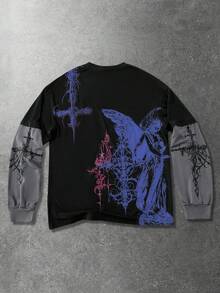 ROMWE MEN Street Life 男士哥特复古十字架印花二合一长袖T恤 - 黑色 - 查看 2