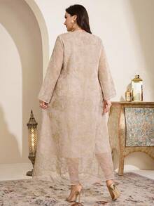 Al Najma 大码女式褶皱花卉流苏设计优雅休闲派对假日喇叭袖连衣裙 - 米色 - 查看 3