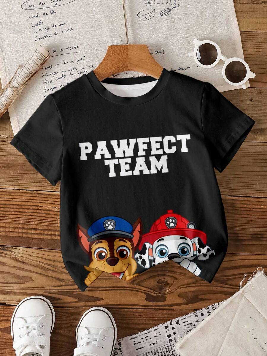 SHEIN | PAW Patrol 男童休闲日常通勤可爱卡通狗字母图案短袖黑色T恤,夏季 - 白色 - 查看 1
