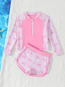SHEIN Young Girl Striped Patchwork Zip-Up Half Placket Bow Print Long Sleeve Shorts Tankini Swimsuit Set Kids Girl Rash Guard 2 Piece Two Piece Kids Swimming Suit Swimwear Set 3pcs Girls Longsleeve Girl Swim Long Sleeves Set Swimsuit Long Sleeve And Shorts With Zipper Set For Youth 2 Piece Girl Set Girl Swim 2 Piece Young Girl Long Sleeve Swimsuit Toddler Girl Rash Guard Swimsuit Baby Girl Rash Guard Swimsuit Toddler Rash Guard Girl Swimwear For Toddler Girl Toddler Girl Swimsuit Swimwear For 4-7 Year