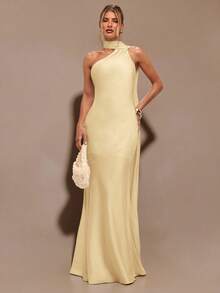 SHEIN BAE 杏色性感极简缎面不对称单肩镂空露背系带连衣裙，适合派对、鸡尾酒会、正式场合、伴娘、生日、秋冬季等场合。 - 黃色 - 查看 4