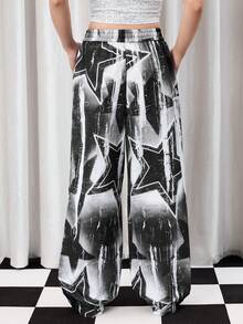 Y2Kool Umamao Estudio 女士冬季黑白辣妹时尚扎染星形印花Y2K阔腿裤图案裤降落伞裤星形裤Y2K裤搭配灵感时尚服装系列新年穿搭图案牛仔裤Emo裤辣妹 - 黑色 - 查看 4