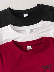 Bộ 3 áo thun dài tay cổ tròn in họa tiết nơ cho bé gái, áo thường ngày mặc hàng ngày, mùa thu - Màu Đỏ Sâu - Xem 6