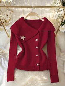 Franclia Áo khoác cardigan cổ tròn kim loại hình sao biển cỡ lớn thanh lịch, thắt eo, phong cách blogger, thiết kế châu Âu và Mỹ - Màu Đỏ Sâu - Xem 7