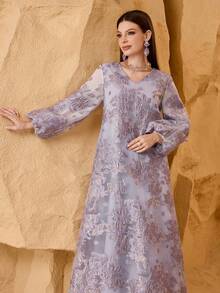 SHEIN Najma Fashionable New Heavy Jacquard Large Floral Purple Arabic Style Dress For Women - Lilac Purple - View 6