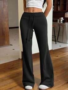 SHEIN EZwear 2 chiếc quần dài ống loe cạp chun rút dây mới cho nữ, thích hợp cho các hoạt động ngoài trời - màu đen - Xem 7
