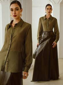 ZEYLAH Women's Solid Color Long Sleeve Single-Breasted Casual Loose Shirt - Army Green - View 1