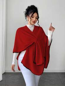 Elenzga 女士优雅宽松大码毛衣，适合秋冬季节外穿围巾上衣，红色 - 紅色 - 查看 6