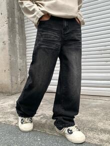 适合青少年男孩的时尚休闲复古Y2K黑色牛仔滚边舒适宽松牛仔裤，适合男孩日常穿着以及春夏童装 - 黑色 - 查看 4