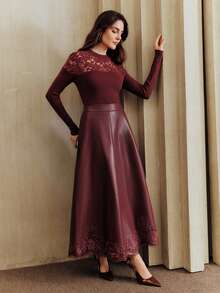 Anewsta Elegant Slim-Fit Women's Sweater With High Neck, Lace Patchwork And Hollow Design, Red, Valentine's Day Outfits For Women - Red - View 7