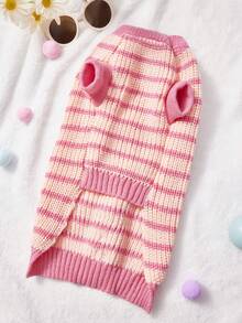 PETSIN 粉色条纹宠物毛衣，保暖狗/猫衣服，秋冬季，小型犬 - 粉色 - 查看 5