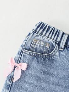 SHEIN ChillGRL Girls & Teens Y2K Streetwear Casual Distressed Asymmetrical Waist Soft Comfortable Light Wash Blue Jeans, Versatile All-Match Everyday Wear, Spring/Summer 2025 New Arrival Pink Bow Jeans E Girl Clothes - Light Wash - View 4