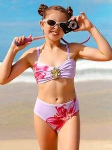 SHEIN Tween Girls Beach Vacation Printed Bikini Set - Pink - View 1