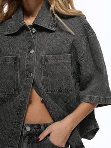 MISSGUIDED Oversized Nibbled Denim Button Up Shirt Collared Long Sleeve Distressed Vintage Washed Jean Jacket Top With Chest Pockets - Dark Grey - View 3