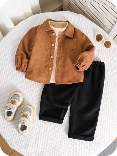 SHEIN 3件套男宝宝秋冬可爱百搭灯芯绒外套、衬衫、长款针织衫和裤子套装，适合生日派对、晚宴、演出、婚礼、迎婴派对、洗礼、一周岁生日庆祝等场合。