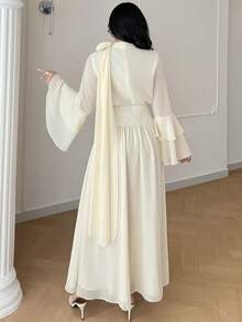 Modelyn Solid Color Flare Sleeve Floral Decor Elegant Long Dress - Yellow - View 9