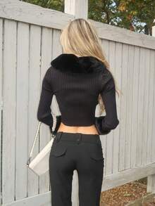Sydney Algeri Borg Collar Fuzzy Cuff Tight Cut Black Long Sleeves Cardigan,Long Sleeve Tops In Fall/Winter - Black - View 2