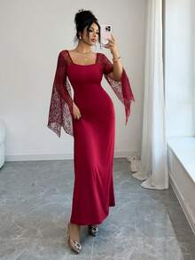 SHEIN Elenzya Váy dài tay loe ren thắt eo cho nữ, thanh lịch khi đi làm hàng ngày, thời trang, ngày lễ, phong cách đường phố Pháp, đa năng, thích hợp cho ngày lễ tình nhân, hẹn hò, tiệc tùng, năm mới, màu đỏ tía, đầu xuân/thu đông, váy dài tay mới về - Đỏ - Xem 5