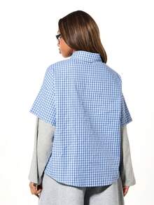 SUMWON WOMEN Blusa de botones con cuello, de manga corta, de doble capa y sobredimensionada, con estampado de cuadros, para uso casual en primavera y verano - Azul - Ver 2