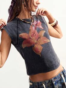 Bohemela Women's Summer Casual Floral Printed Cape Sleeve Slim Fit Washed T-Shirt, Christmas Floral New Year Holiday T-Shirt, Suitable For Casual Outings, Girls' Gatherings, Music Festivals, Parties, Layering, And Relaxing At Home. Party Top, Beach ,Graphic Tee, Everyday, Summer For Women, Easter, Rave Festival, Concert Women's Style, Music Holiday Holiday, Graphic Tee - Black - View 4