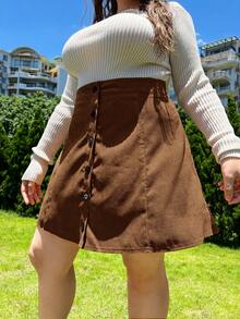 SHEIN EZwear Plus High Waist Single Breasted Corduroy Skirt, For Winter