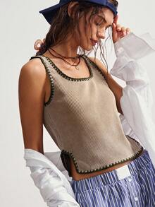 Bohemela Áo hai dây đan dáng ôm dáng ôm sát màu trơn dành cho nữ, phù hợp cho kỳ nghỉ xuân/hè - Màu Khaki - Xem 5