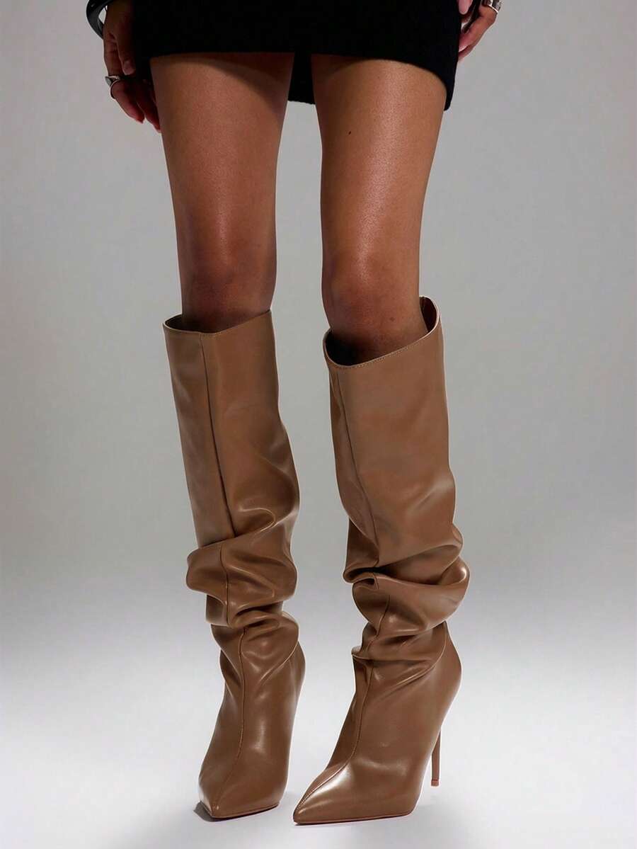 Mnmlis Damskie, szpiczaste, plisowane, modne, uniwersalne buty na wysokim obcasie sięgające do kolan - Kolor khaki - Zobacz 1