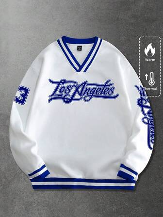 Prep Sudadera casual de manga larga con cuello en V, estampado de letras y números, versátil para el transporte diario para hombres