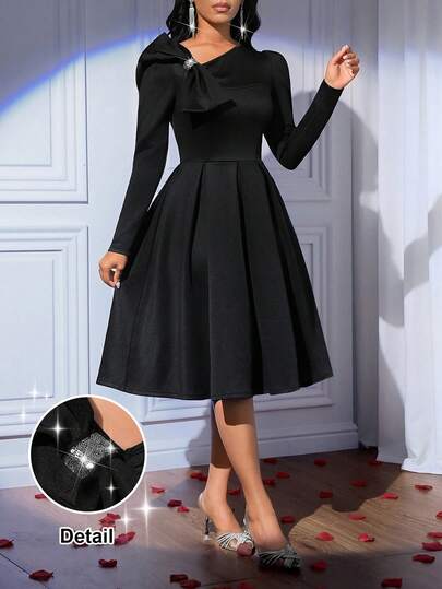 Fleurora 女士优雅派对蝴蝶结装饰褶皱中长连衣裙