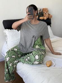 Dream Adore Bộ đồ ngủ tay ngắn in hình khủng long dễ thương cỡ lớn - Xám - Xem 3