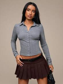 SHEIN BAE Women's Fashionable Versatile Solid Color Low Waist Pleated Mini Skirt - Coffee Brown - View 8