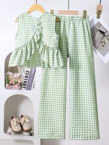 Girls Sleeveless Frill Back & Pants Summer Outfit Gingham Set Plaid Wide Leg Pants Set - Mint Green - View 2