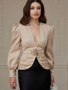 EMERY ROSE Blazer decorativo floral 3D feito à mão, de cor sólida, versátil e com estilo europeu e americano, adequado para uso diário, outono/inverno - Caqui - Visão 3
