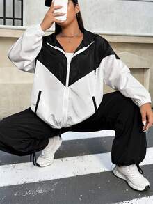 SHEIN EZwear 大碼雙色落肩袖連帽夾克